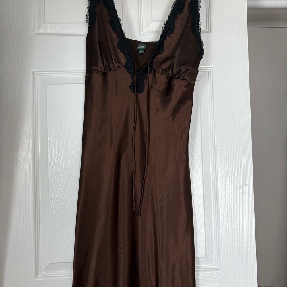 Wild Fable Brown Satin Chemise with Black Lace
